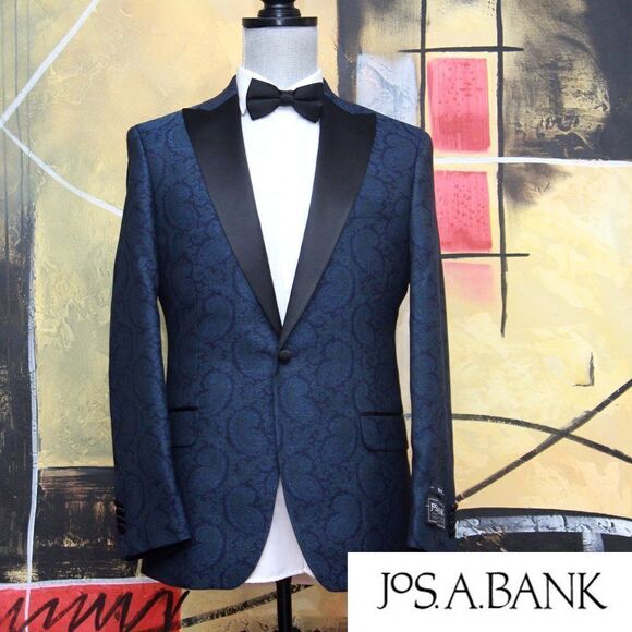 40R Jos A Bank Slim Fit Paisley Dinner Jacket Blazer Blue Teal C121047 - Picture 1 of 16